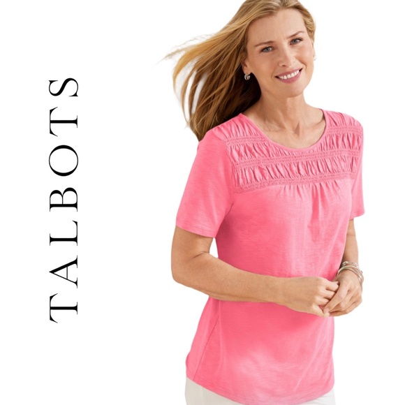 Talbots Petal Pink Smocked Yoke Short Sleeve Knit Top Women’s Large NWT - Picture 16 of 16
